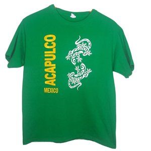 Acapulco Mexico Men's L T Shirt Gecko Green Yellow Short Sleeve Tribal Lizards